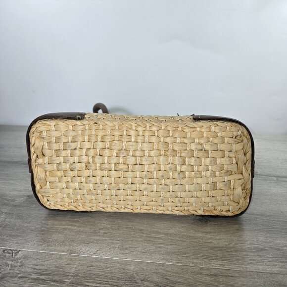 Chaps Straw Woven Shoulder Bag Purse Medium Brown Trim Charm Double Handle Rafia - Picture 5 of 9